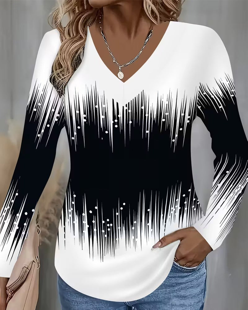 Gradient V-Neck Printed Long-Sleeved Top