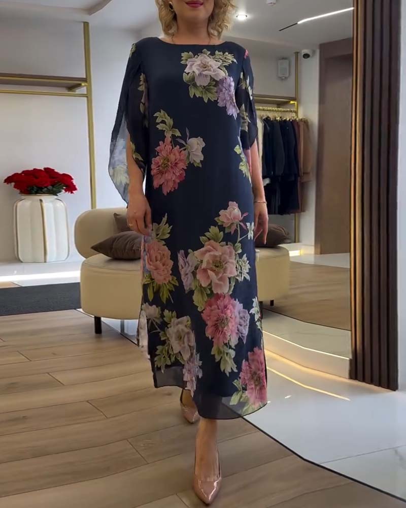 Round Neck Floral Slit Dress