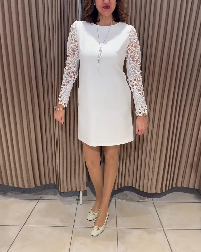Lace-Trimmed Long-Sleeved Round Neck Dress