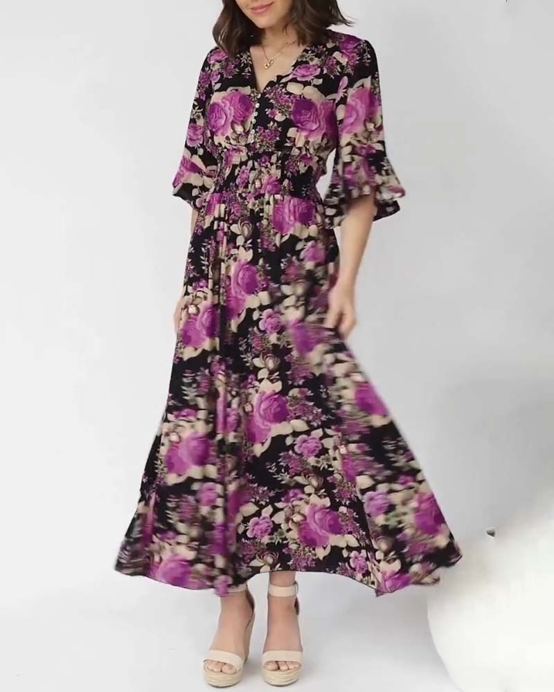 Floral Print V Neck Maxi Dress