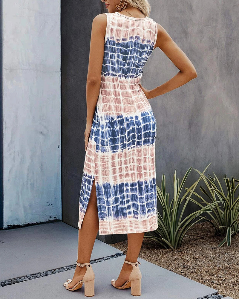 Sleeveless slit contrast print dress