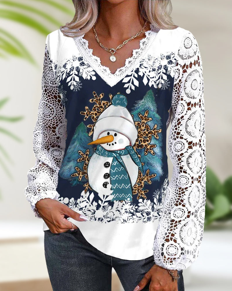 Lace snowman long-sleeve blouse