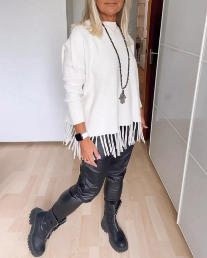 Solid color fringed casual sweater