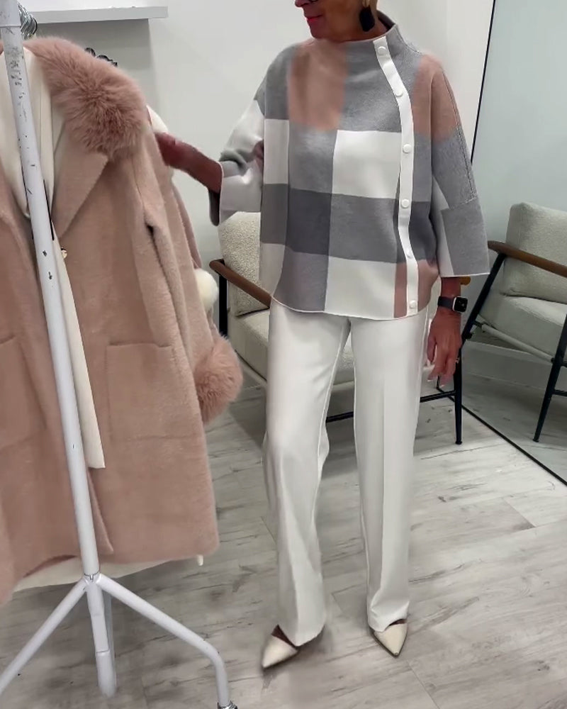 Plaid Long-Sleeved Turtleneck Jumper