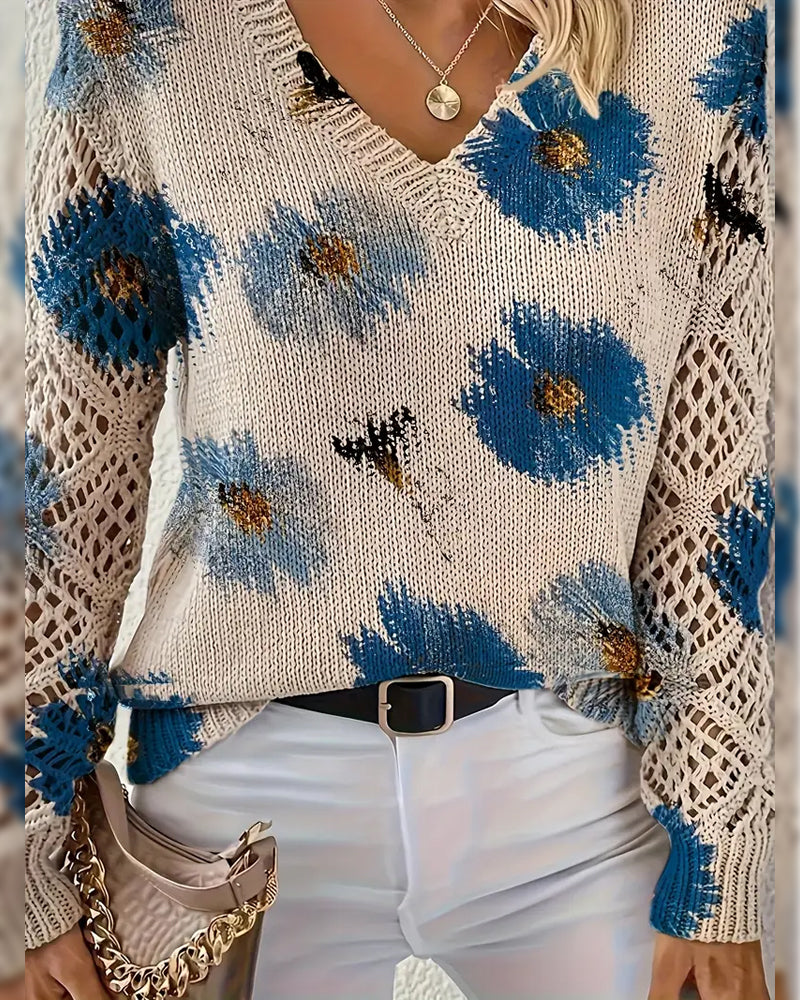 Long-Sleeved V-Neck Jacquard Pullover