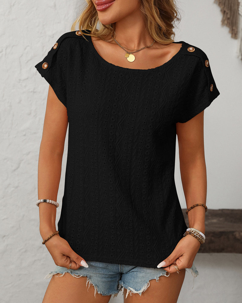 Round Neck Button Cutout Short Sleeve Blouse