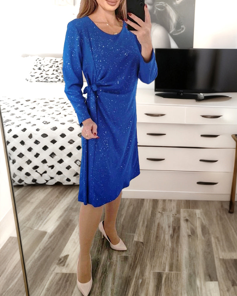Round Neck Long Sleeves Knotted Waist Dress