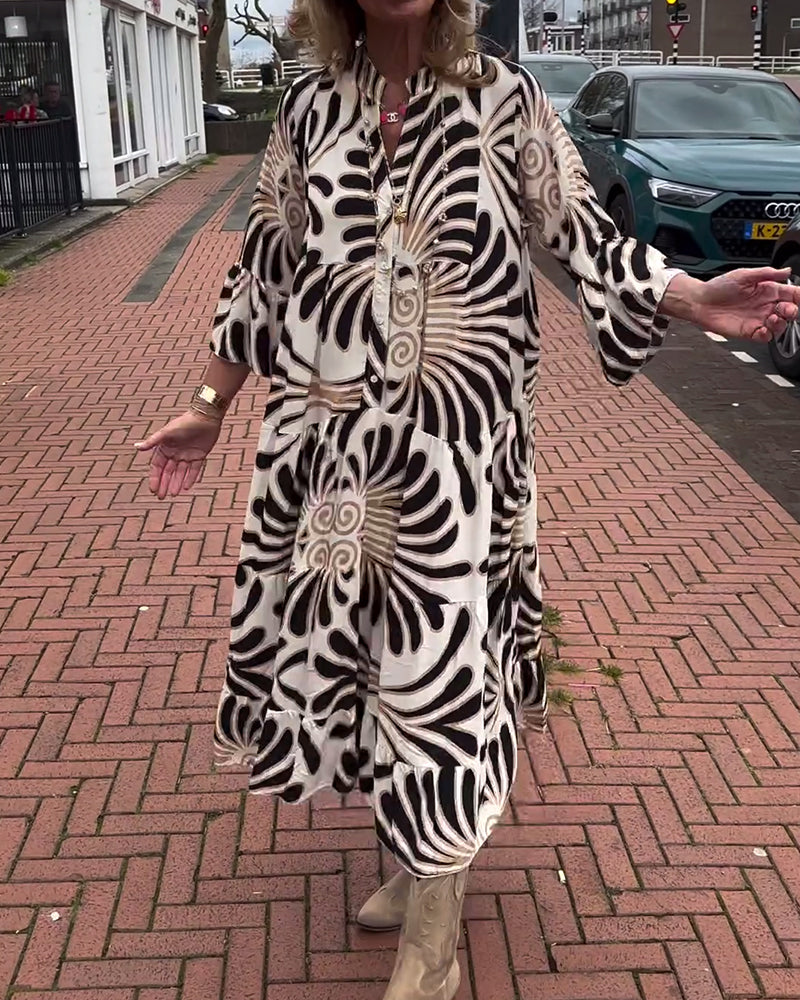 Printed  V neck Flare Sleeve  dress