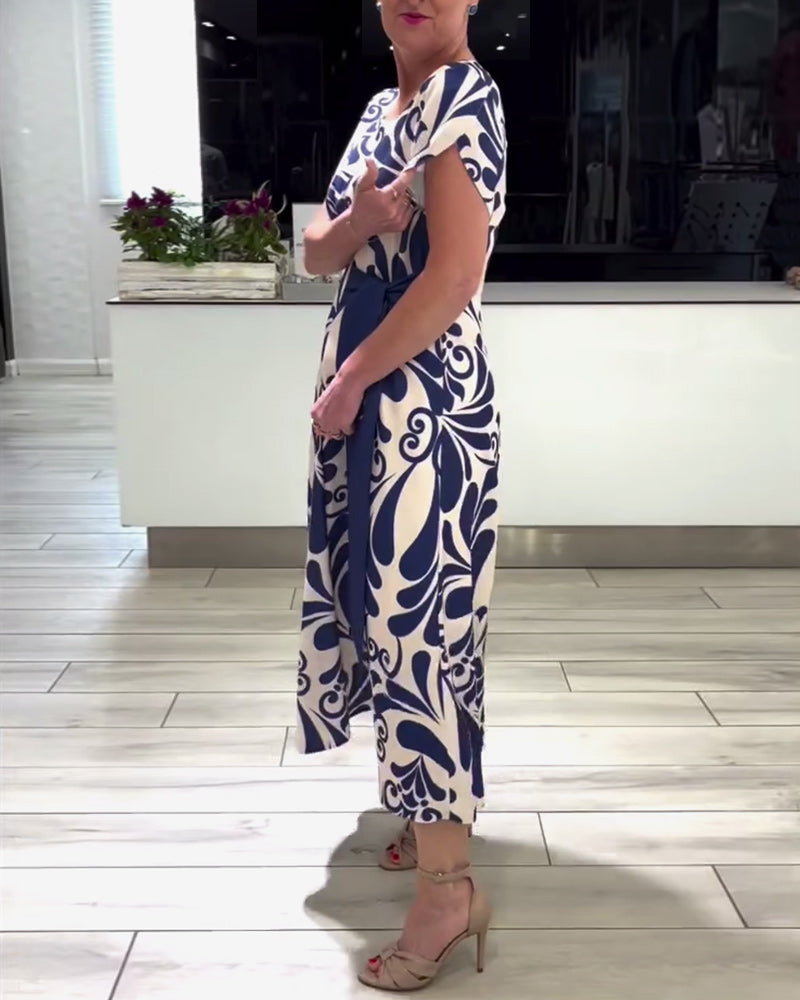 Elegant contrast print short sleeve dress