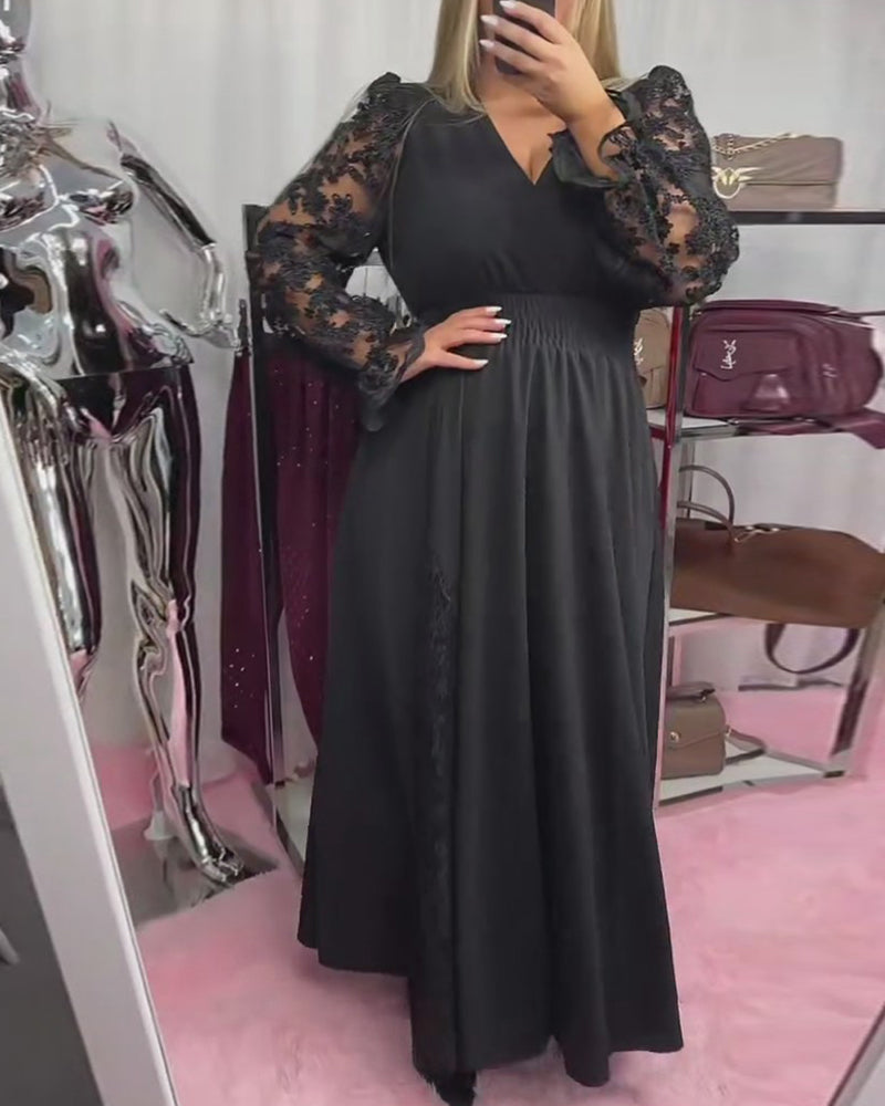 Lace Stitching V-Neck A Hem Dress