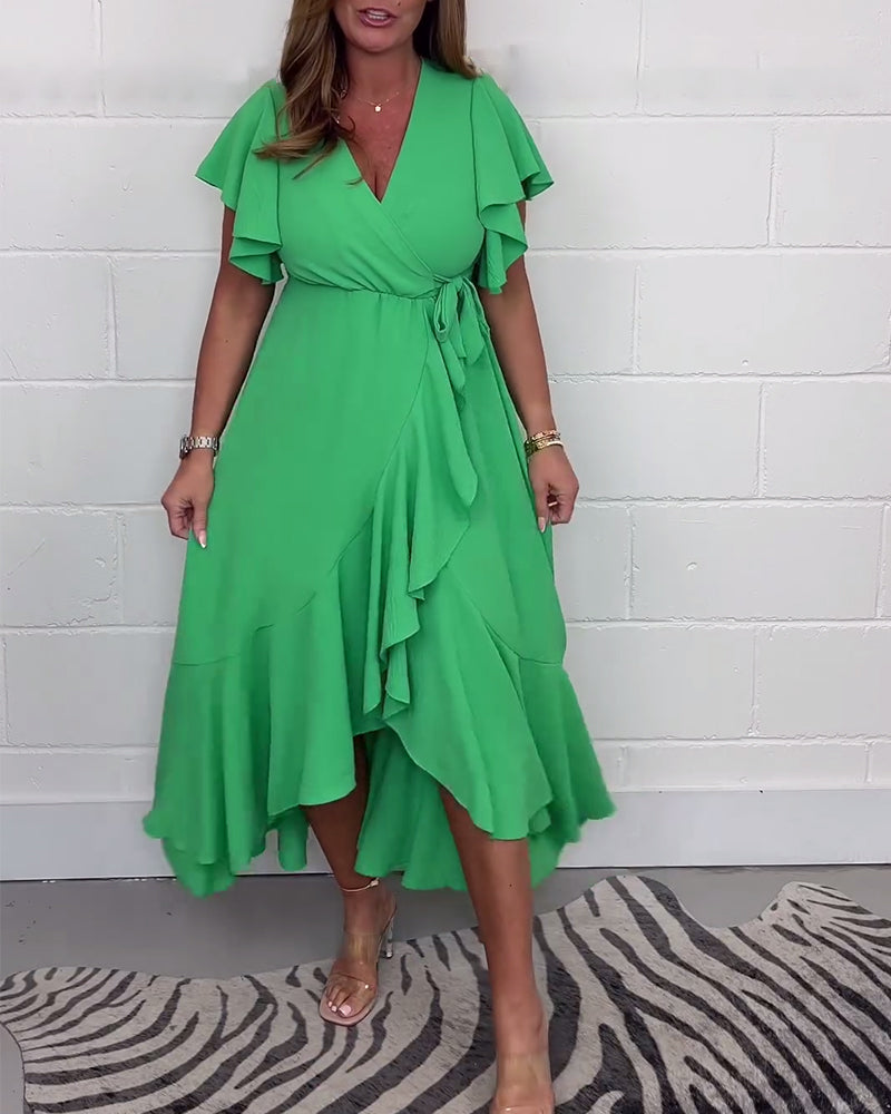 Ruffled solid color slit elegant dress