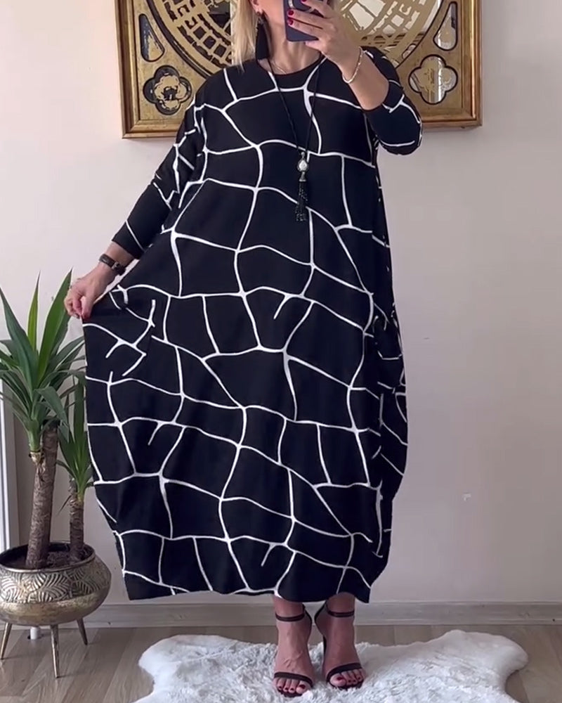 Round Neck Long Sleeve Pocket Loose Dress