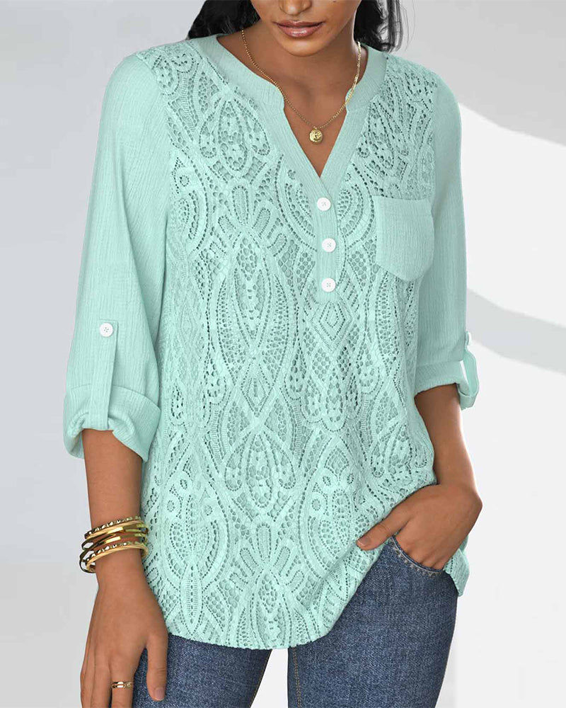 Solid color pleated sleeve button lace casual blouse