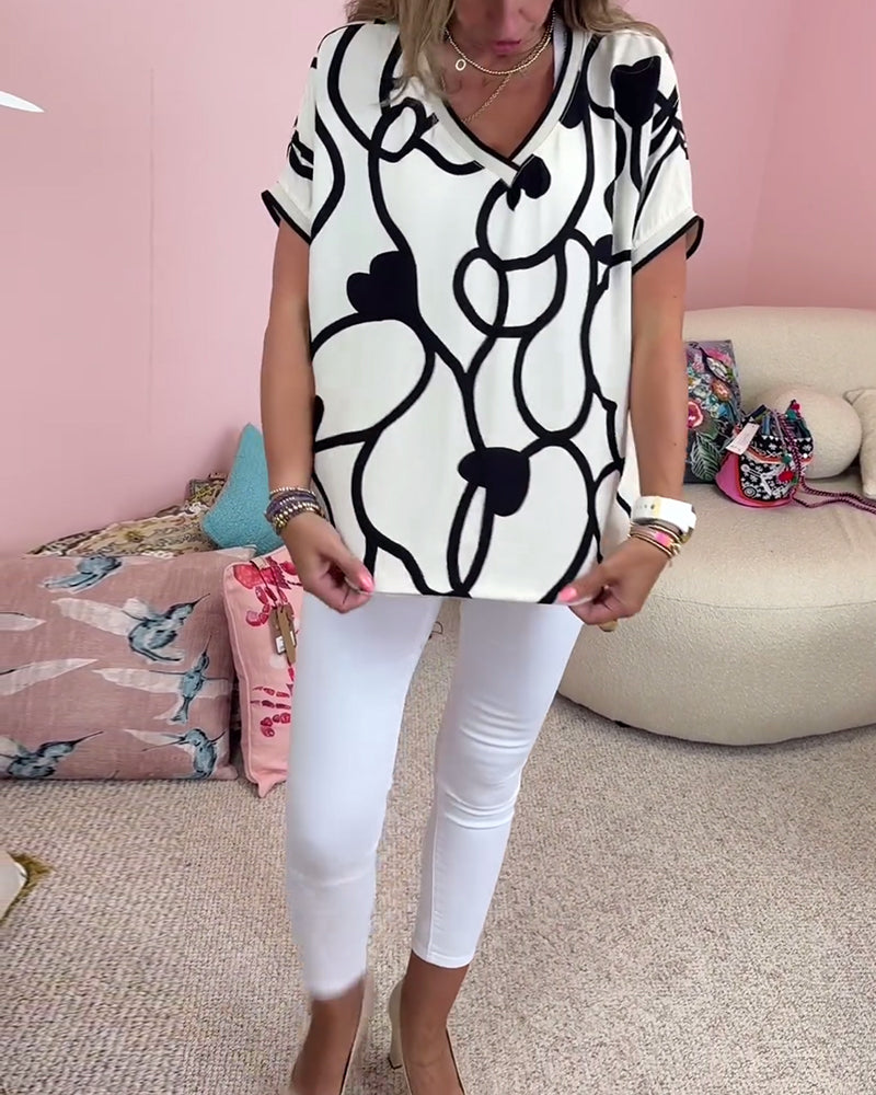 Contrast print V-neck short-sleeve casual top
