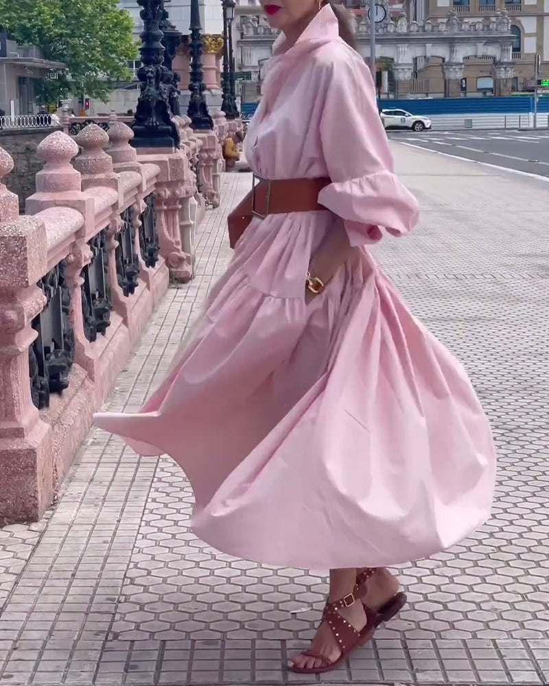 Solid color lapel wide swing dress