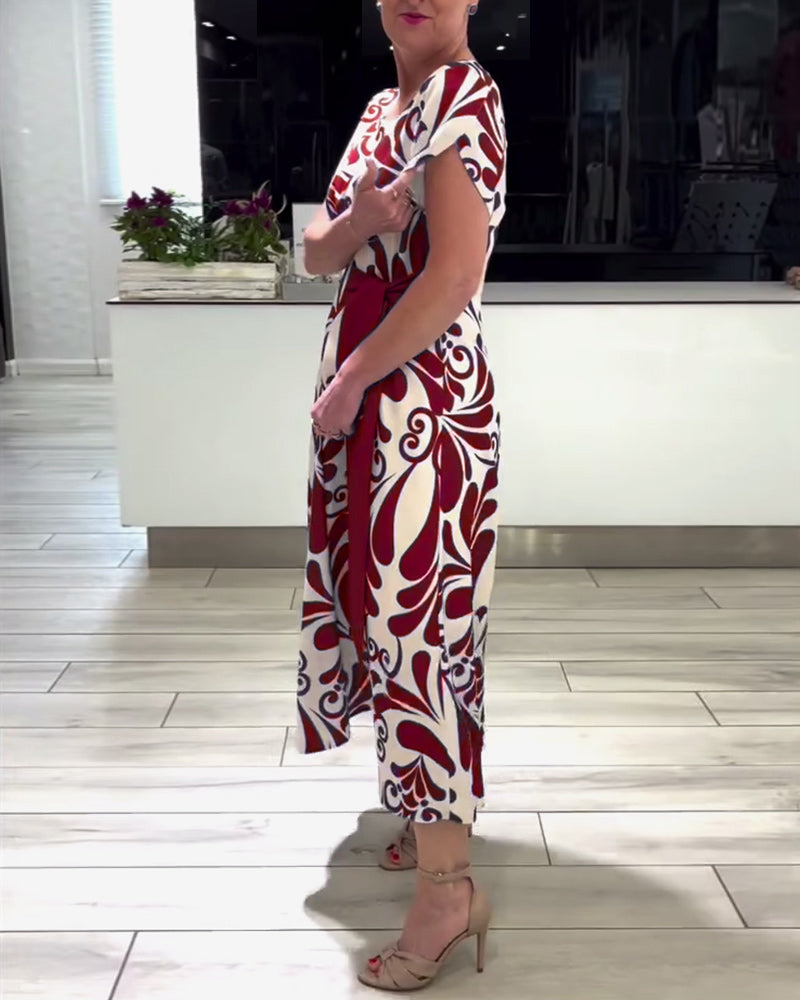 Elegant contrast print short sleeve dress