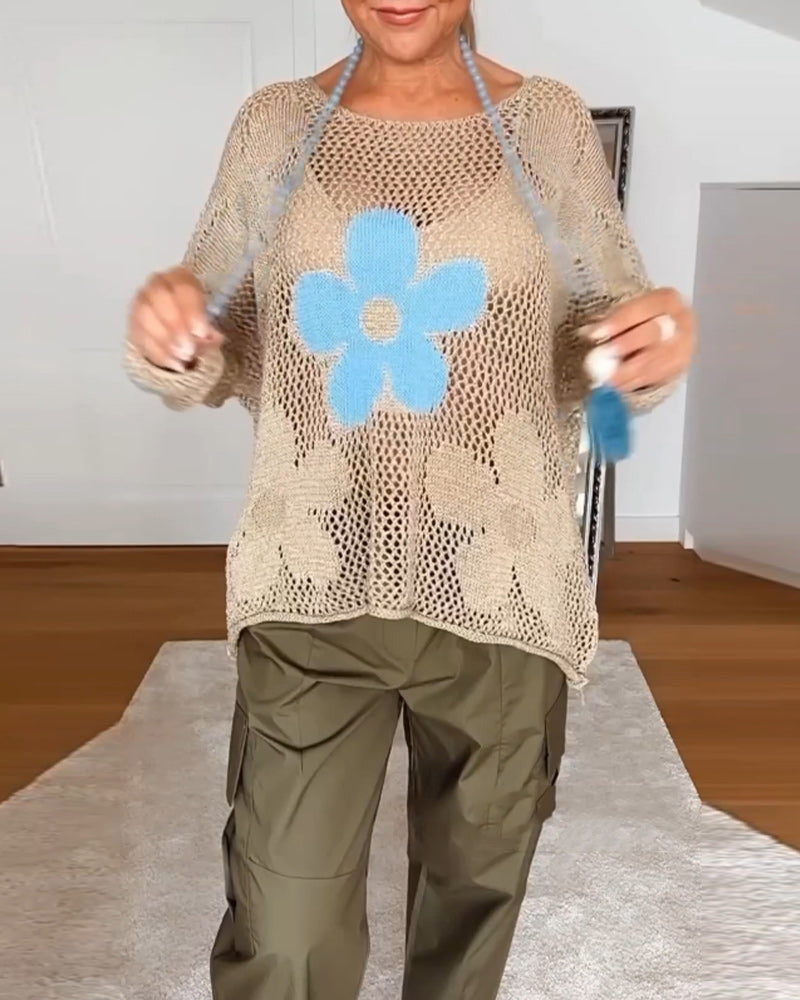 Casual floral round neck long sleeve hollow pullover