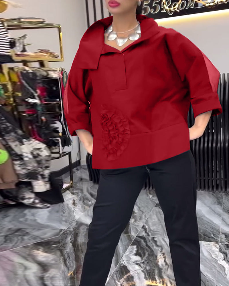 Lapel lace stitching flower blouse
