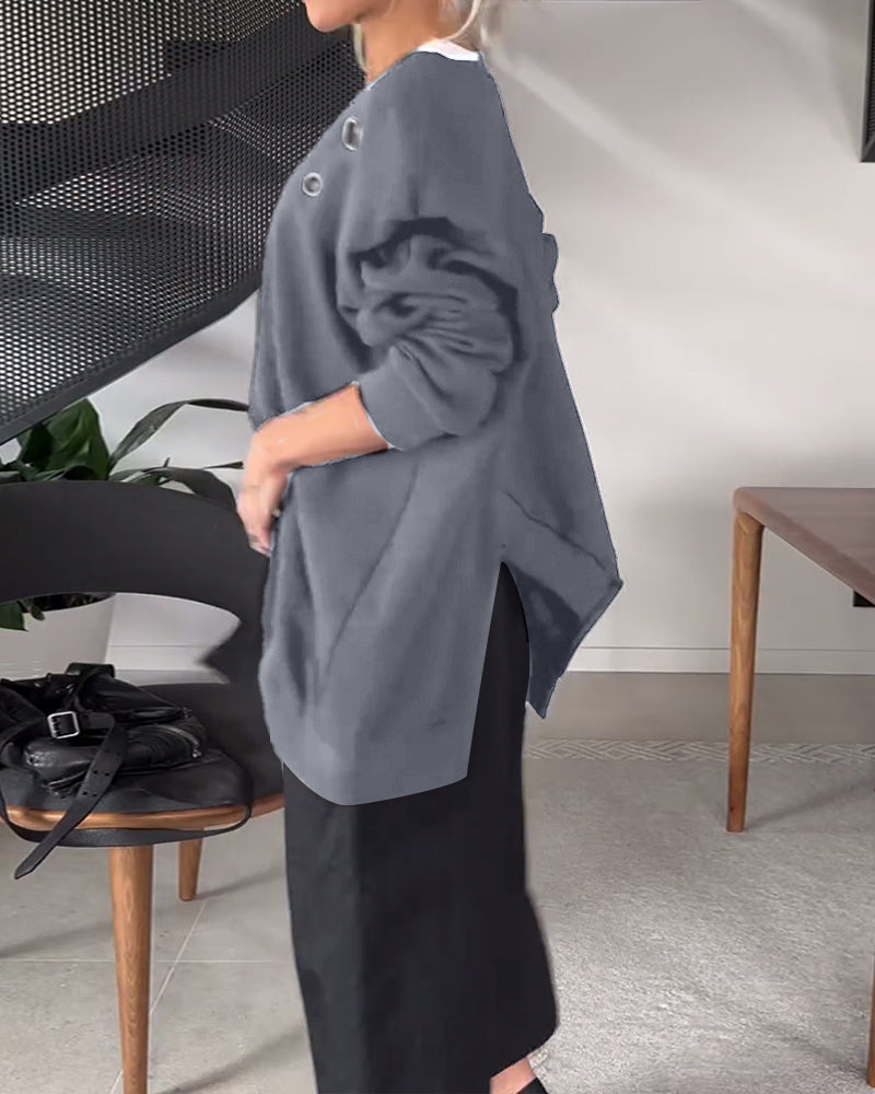 Solid color casual round neck slit sweatshirt