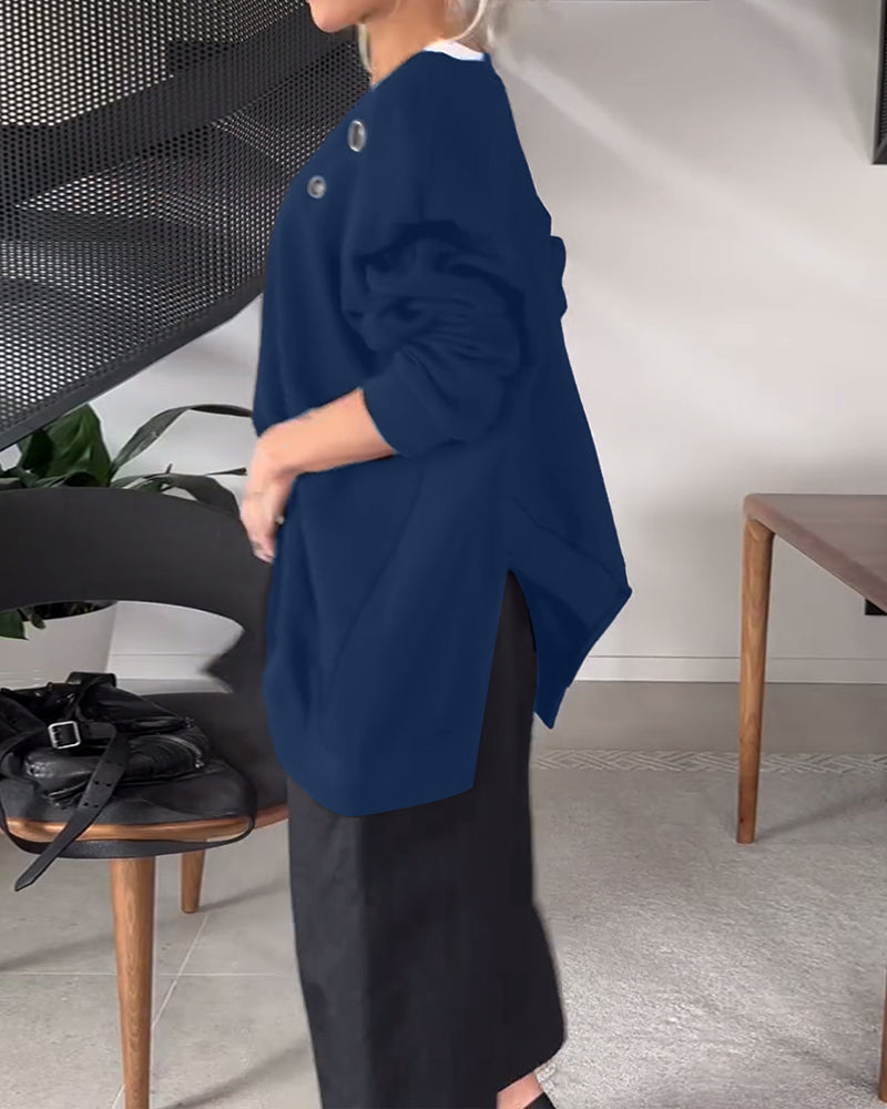 Solid color casual round neck slit sweatshirt