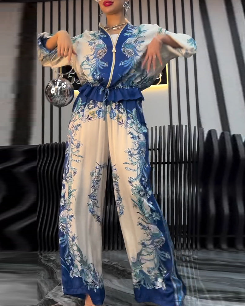 Temperament Stand Collar Zipper Wide Leg Suit