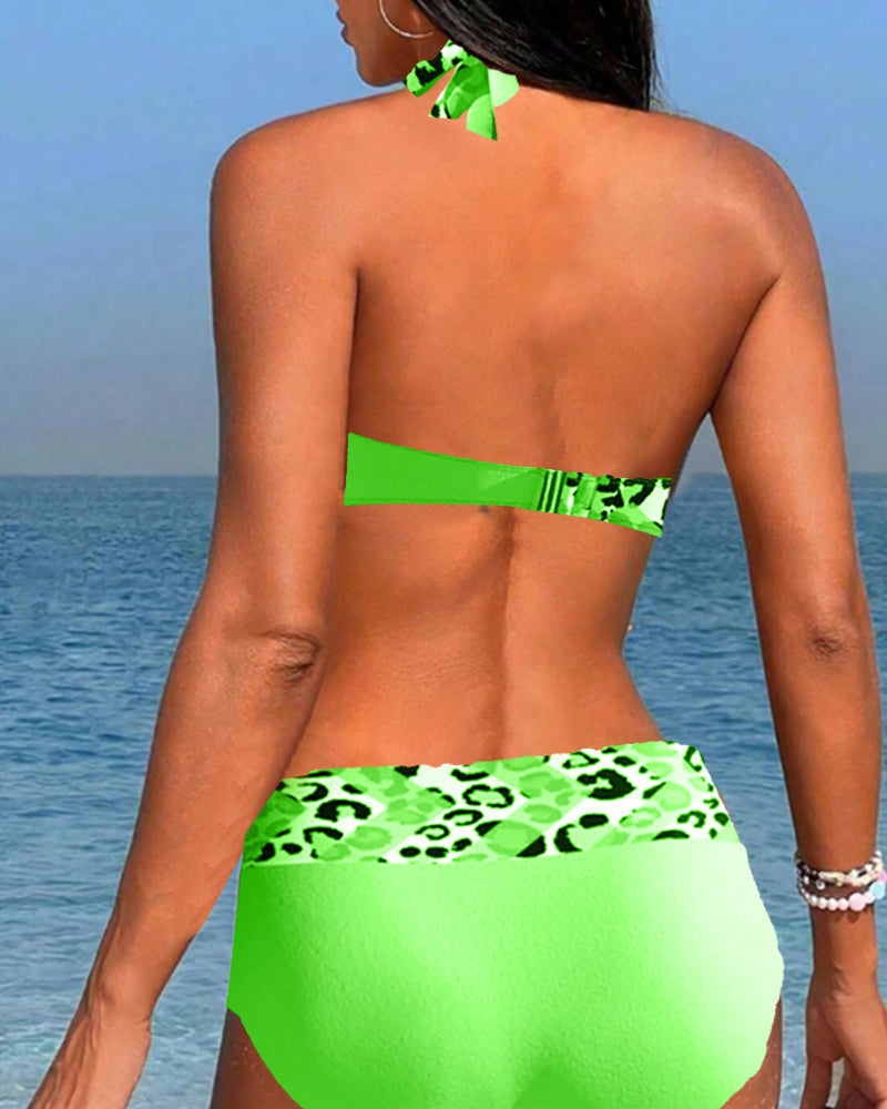 Halterneck leopard patchwork print bikini
