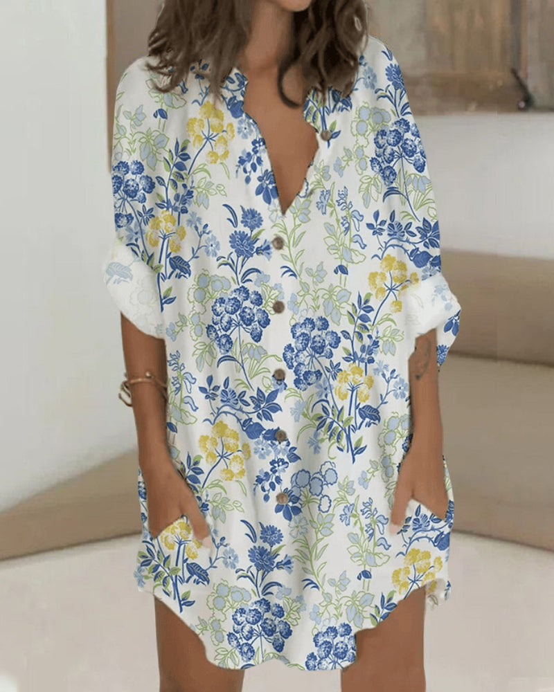 Printed button long sleeve pocket dress