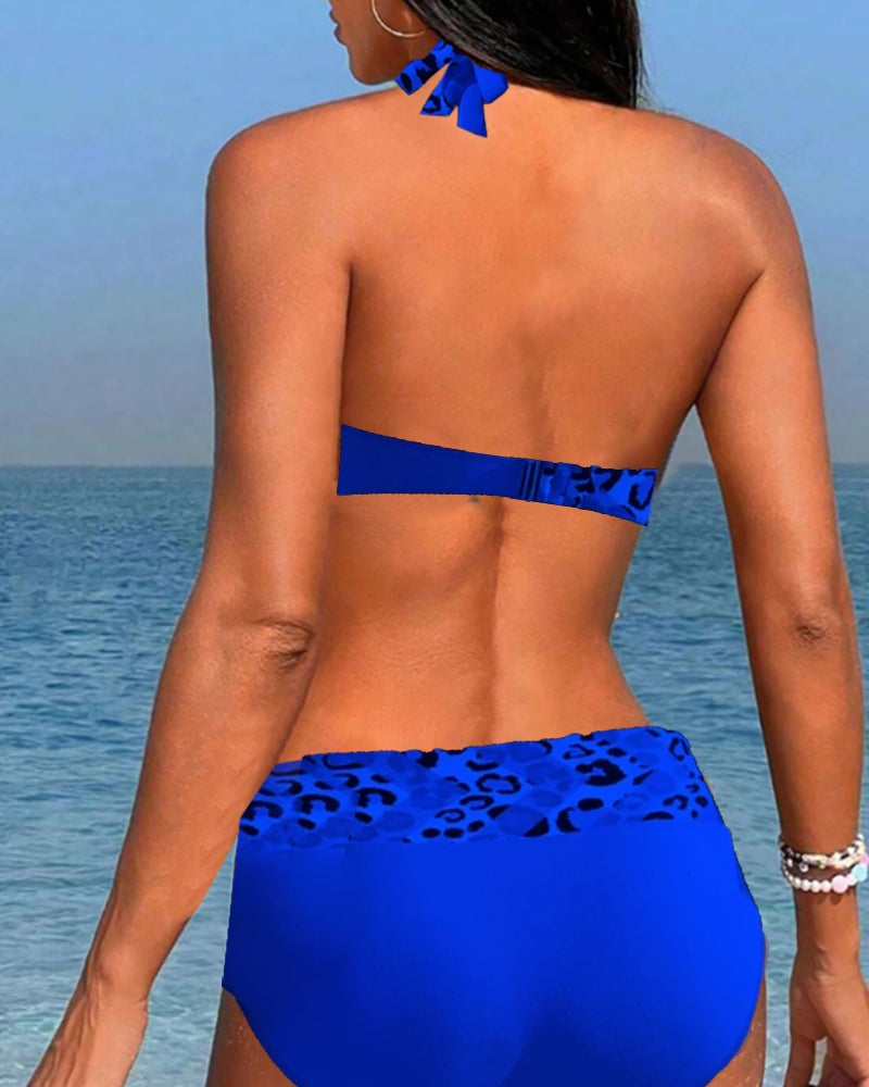 Halterneck leopard patchwork print bikini
