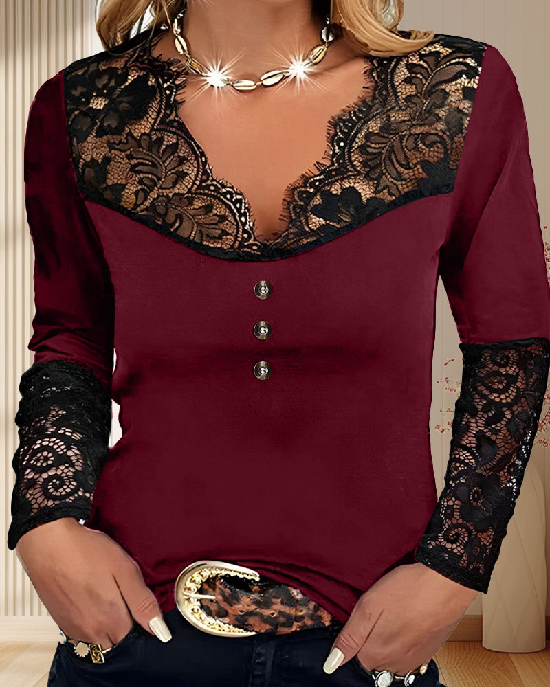 V-neck lace long-sleeve top