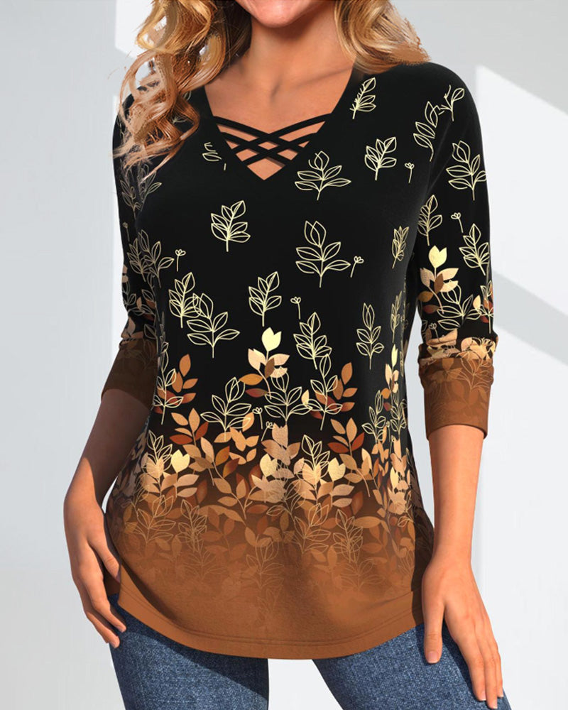 Long Sleeve Leaf Print Tops