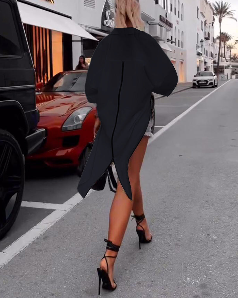 Solid color lapel slit casual shirt