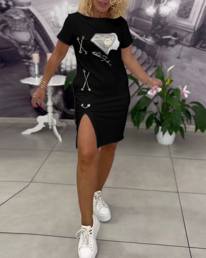 Printed Fitted Slit Dress