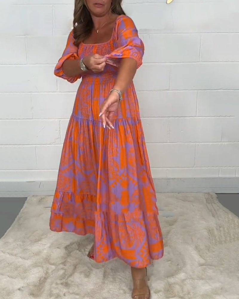 Square neck print half sleeve dress