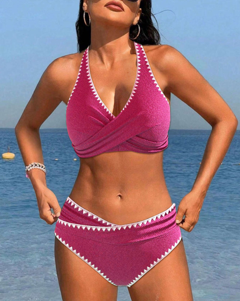 Pleated halterneck simple holiday bikini