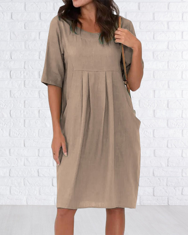 Round Neck Solid Color Dress with Pockets