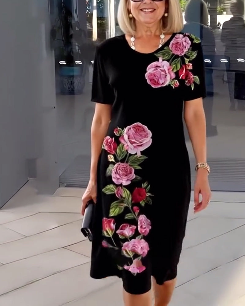 Short Sleeve Rose Print Shift Dress