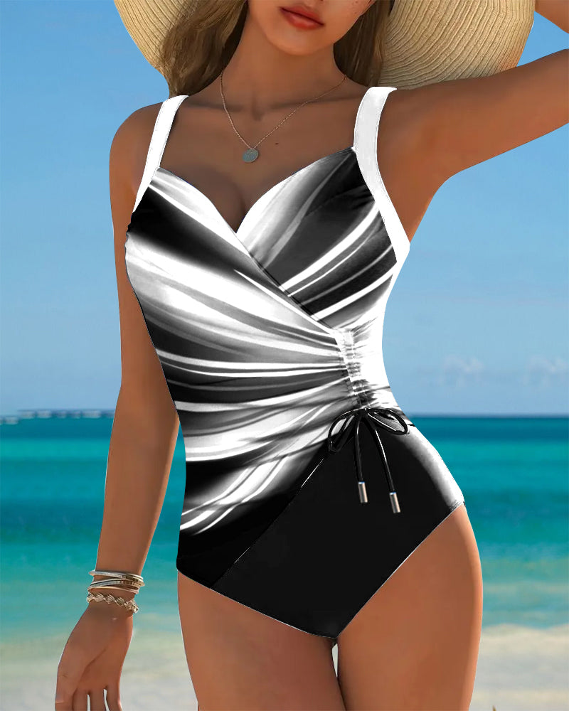 One-Piece Contrast Color Lace-Up Swimsuit