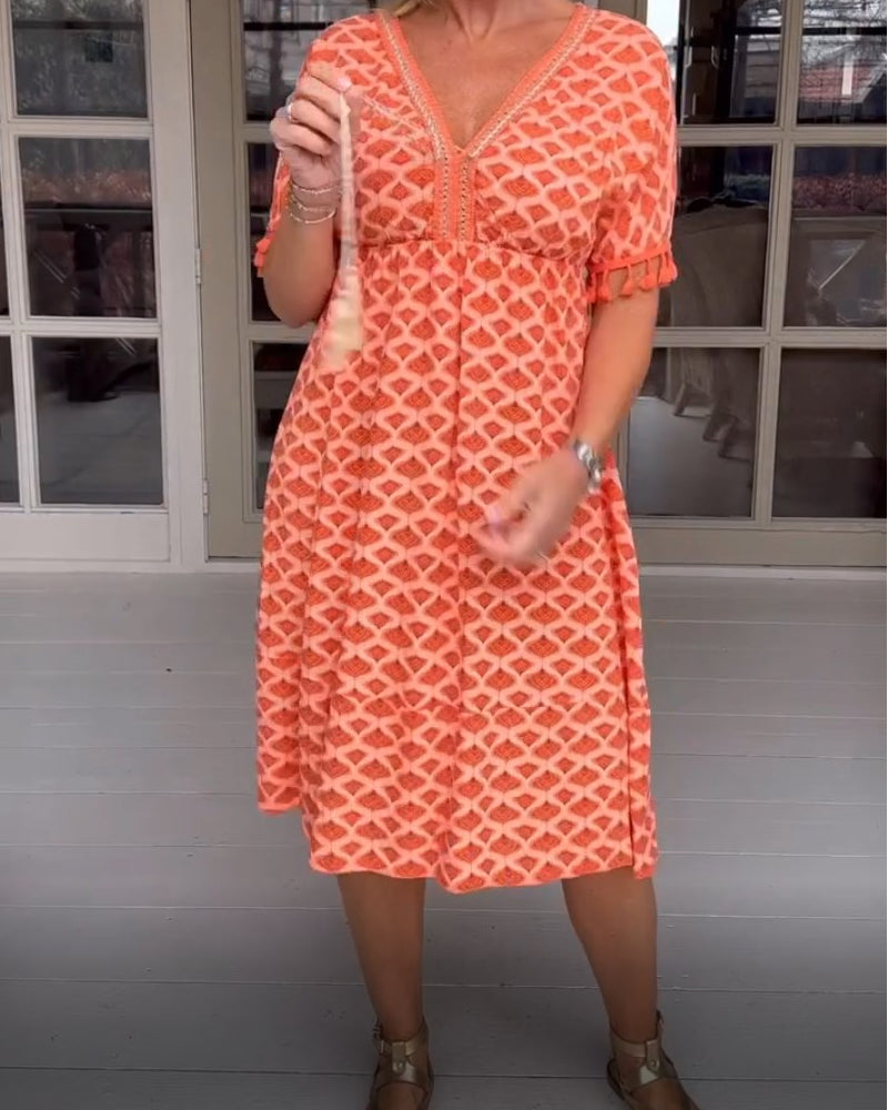 Printed v-neck fringed dress