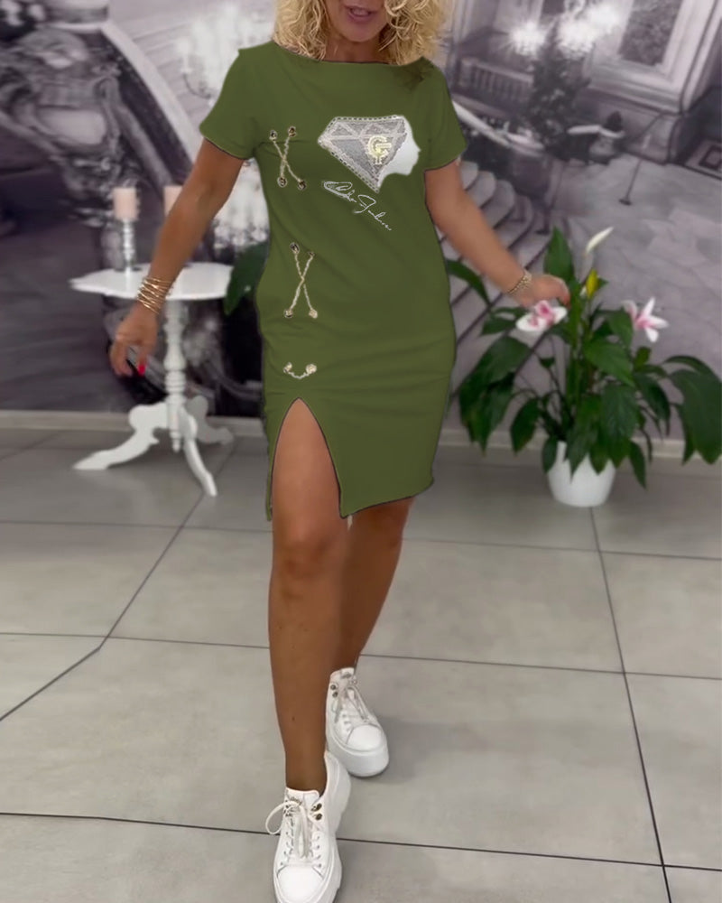 Printed Fitted Slit Dress