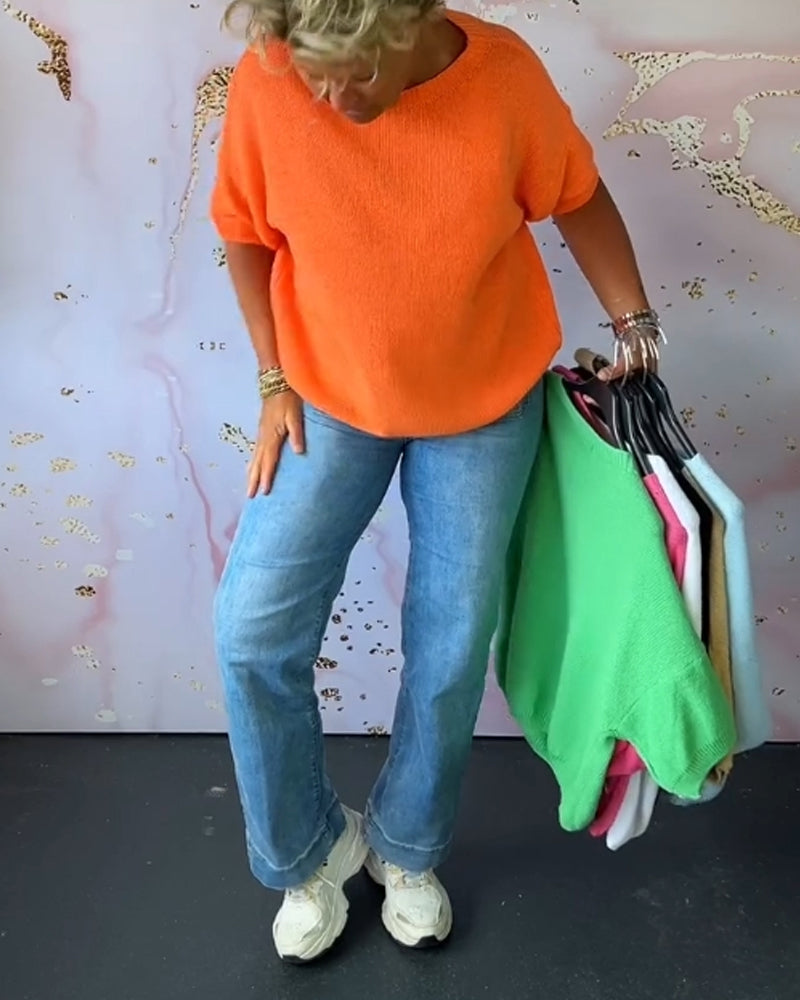 Casual loose solid color round neck pullover