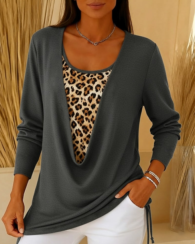 Fake Two-Piece Lace-Up Leopard Print T-Shirt