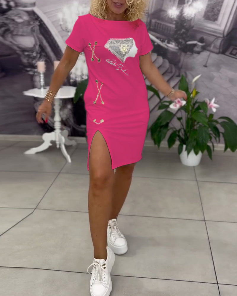 Printed Fitted Slit Dress