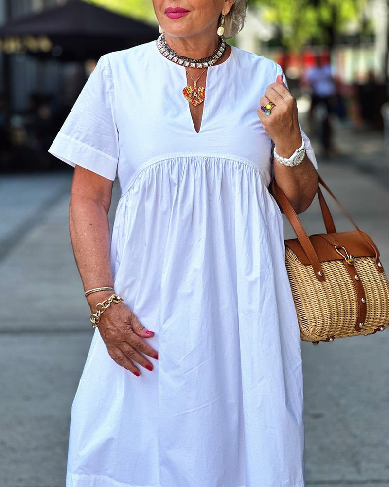 Patchwork short-sleeved solid color pleated dress