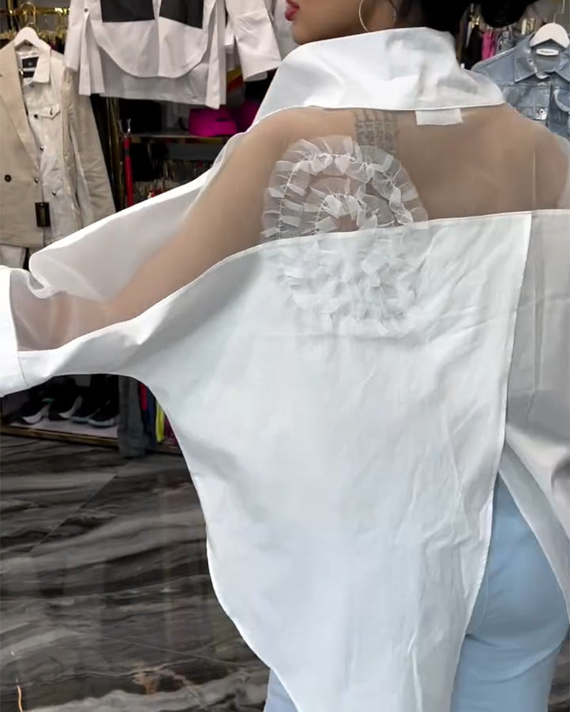 Lapel lace stitching flower blouse