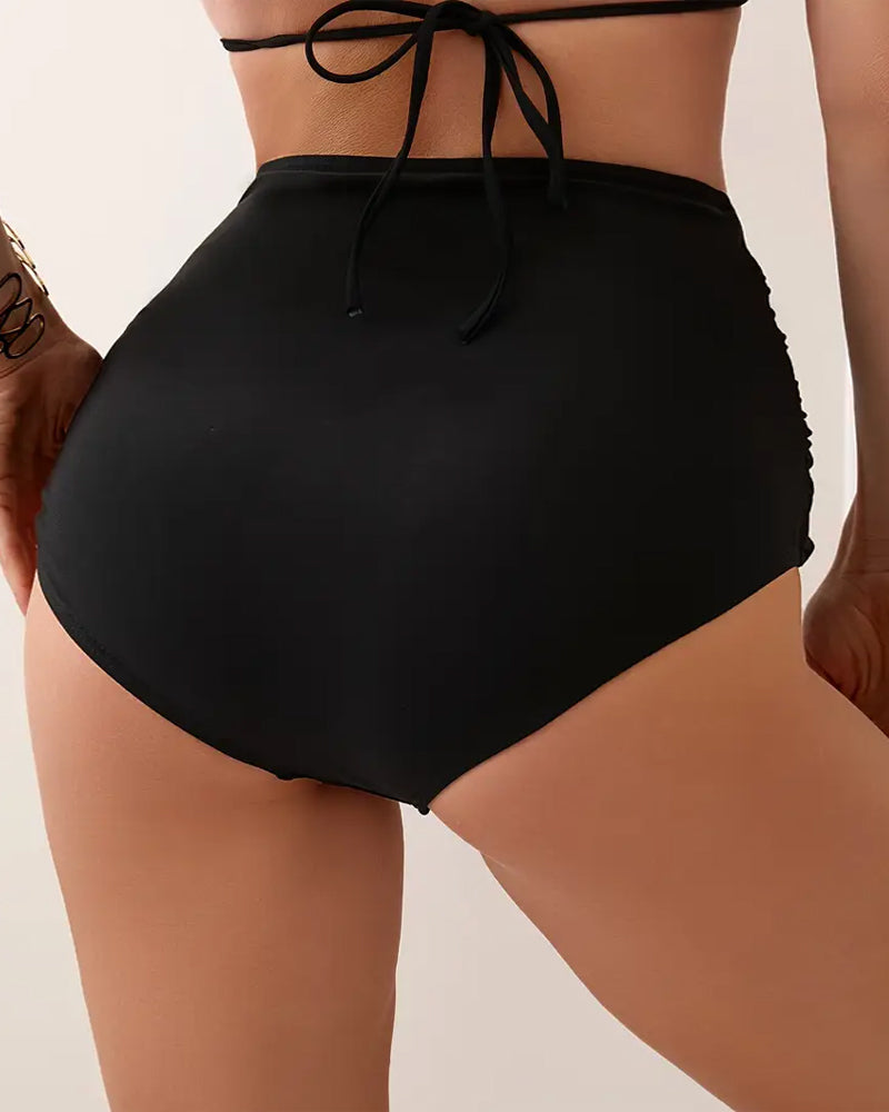 Pleated Solid High Waist Swimwear Bottom