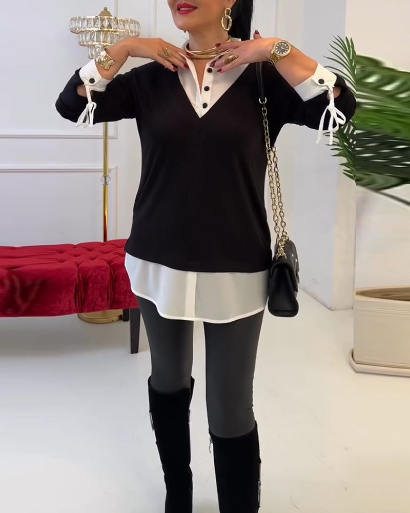 Lapel Black And White Patchwork Top