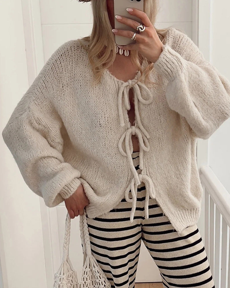Lazy style solid color lace-up cardigan