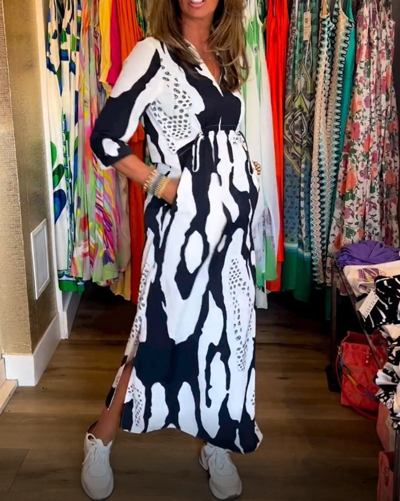 Slit V Neck Long Sleeve Dress