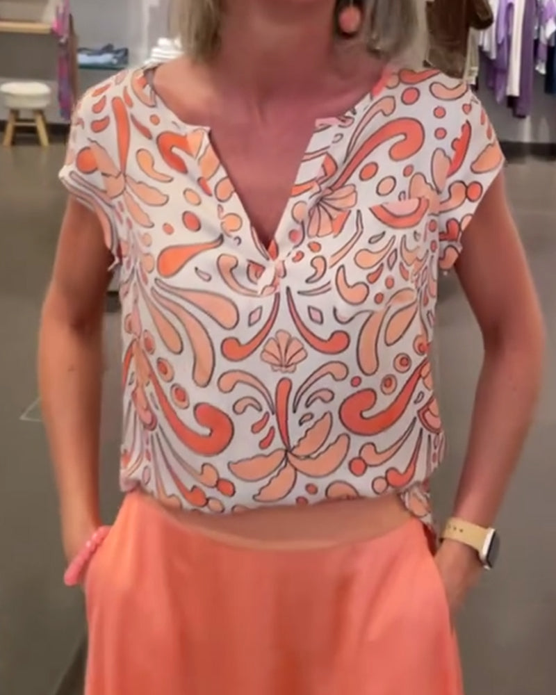 Printed V-neck raglan sleeves casual blouse