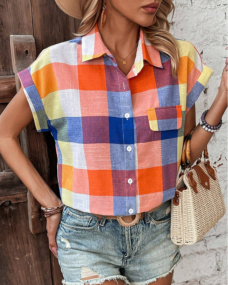 Colorful plaid print casual short-sleeved shirt